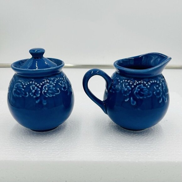 Vera Bradley Cream and Sugar Blue Ceramic Water J Willfred Portugal - Picture 4 of 8